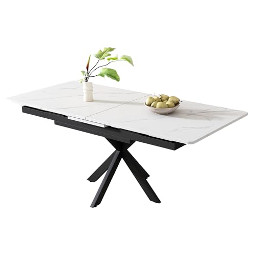 DRIXNO Erweiterbarer Esstisch, Automatisch Ausziehbar, Rechteckig, Kaffee-Freizeittisch, L150/180 x B70 x H76 cm, Kreuzbein-Design, Marmorstruktur, Schwarz und Weiß