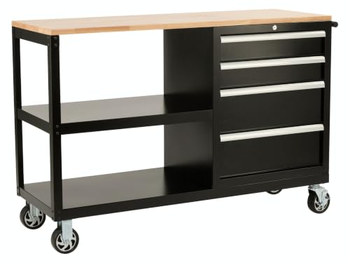 Image of The Workplace Depot Workbench on Wheels – Mobile Workshop Trolley with Locking Drawers, 25mm Hardwood Top, 120mm Casters, Heavy-Duty Black Steel Frame – Ideal for Garages & Workshops