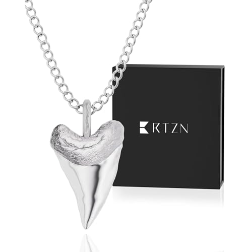 RTZN Shark Tooth Necklace for Men Stainless Steel Shark Tooth Pendant with 22 inches Curb Chain Waterproof Non-Tarnish Surfer Necklace for Men Symbol of Strength & Survival