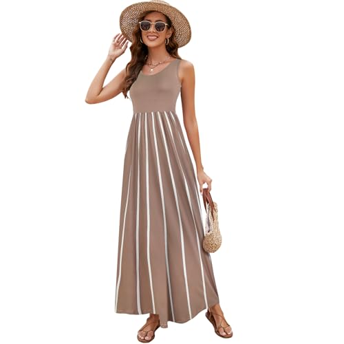 Image of Sherosa Women Boho Chevron Striped Floral Printed Summer Sleeveless Tank Long Maxi Party Dress