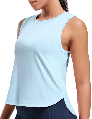 MIER Womens Dry Fit Workout Tank Tops Loose Fit Sleeveless Athletic Running Shirts Gym Exercise Tops, Light Blue, S