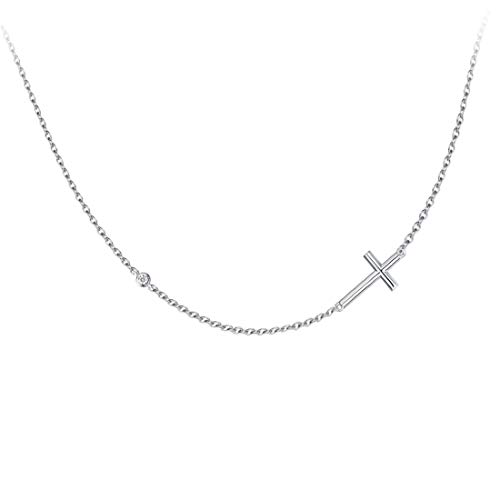 FANCIME 925 Sterling Silver Cubic Zirconia CZ Simulated Diamond Small Horizontal Sideway Crucifix Cross Pendant Necklace for Women Girls, 18