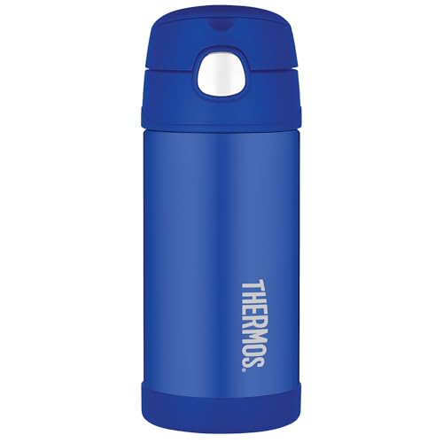 Thermos - Blue Water Bottle (355ml) - BPA Free, Stainless Steel, Spill Proof, Pop-Up Straw, Kids Flask with Carry Handle for 12-Hour Cold Drinks