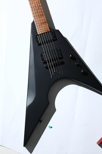 AKLOT Metal V Electric Guitar: HH Pickups, Roasted Maple Neck, Okoume Body, String-Through-Body...