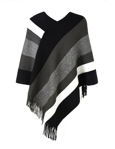 Ferand Women's Striped Poncho Sweater Cozy Knit Fringe Shawl Wraps for Fall Winter2