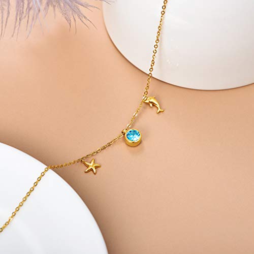 Sisgem 14K Yellow Real Gold Textured Dolphin Dangle Charm Bracelet For Women,Starfish Drop Bracelet With 5A Sea Blue Zircon Fine Jewelry Gifts For Her (14K-Yellow) #TOP2