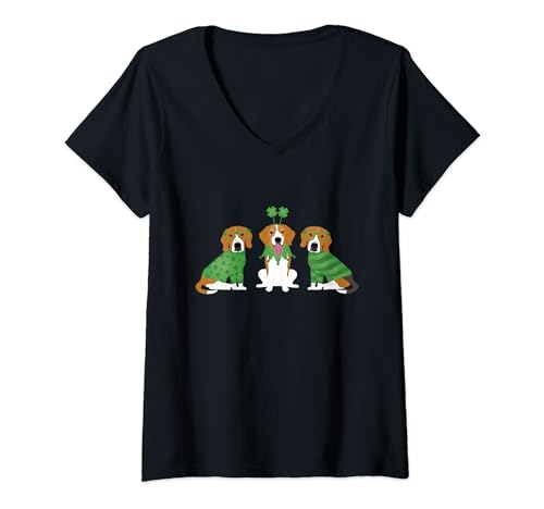 Mujer Perros Beagle del Día de San Patricio, lindos Beagles Lucky Dog Shamrocks Camiseta Cuello V