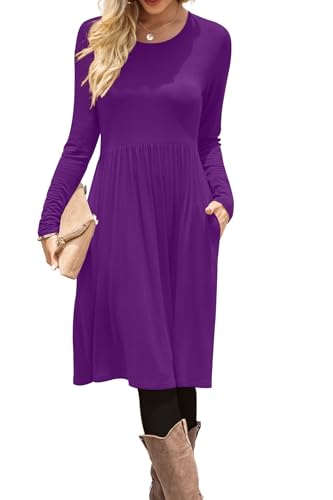 Image of DB MOON Women Casual Long Sleeve Dresses Empire Waist Knee Length Loose Dress with Pockets