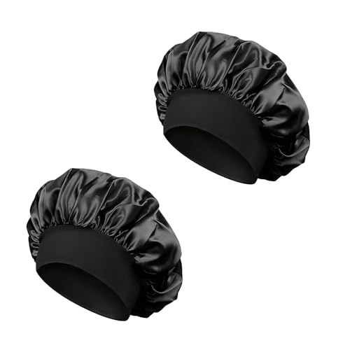 2 Piezas Gorro De Seda,Gorro De Seda para Dormir para Pelo Rizado con Banda Elástica Ancha, Antifrizz para Pelo Rizado, Suave y Ajustable, Protección Nocturna del Cabello (Negro)