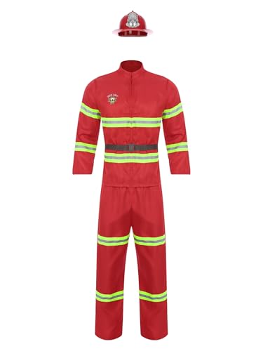 renvena Firefighter Costume for Men Fireman Dress Up Costume Adults Helmet with Jacket Coat Pants and Belt Red Large