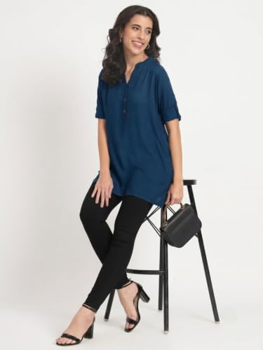 Image of Women's Roll-Up Sleeve Tunic Top, V-Neck with Button Front, Side Pockets, Rayon Short Kurti