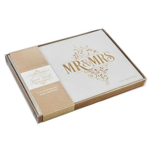 Image of Wedding Guest Book - Mr. and Mrs. Our Wedding - Lacey White Faux Leather w /Inspirational Quotes Scripture - Visitor Register Sign-in Book for Events