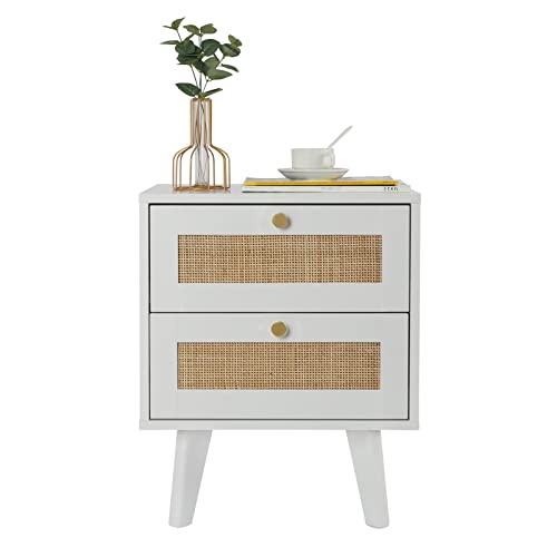 Giluta Rattan Nightstand with 2 Drawers, Solid Wood Bedside Table, Boho Night Stand, Easy Assembly Mid-Century Side Table for Living Room, Bedroom (White/Gold) - Image 9