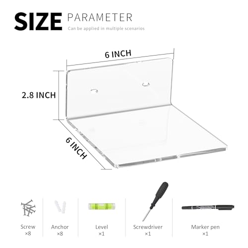 Image of 6 Inches Clear Small Wall Shelves, Acrylic Floating Shelf for Small Space, Acrylic Display Ledges for Funko Pop Figures, Home Decor, Plants, Smart Speaker, Digital Clock, 4 Pack