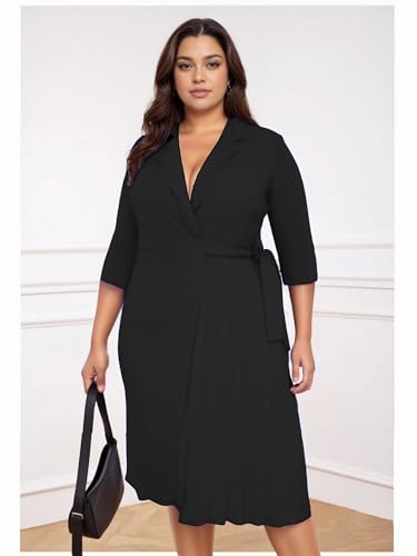 Image of Hostoyo Plus Size Wrap Dress Elegant Pleated Formal Midi Dresses Suit Collar 3 /4 Sleeve Belted Casual Church Outdoor Office