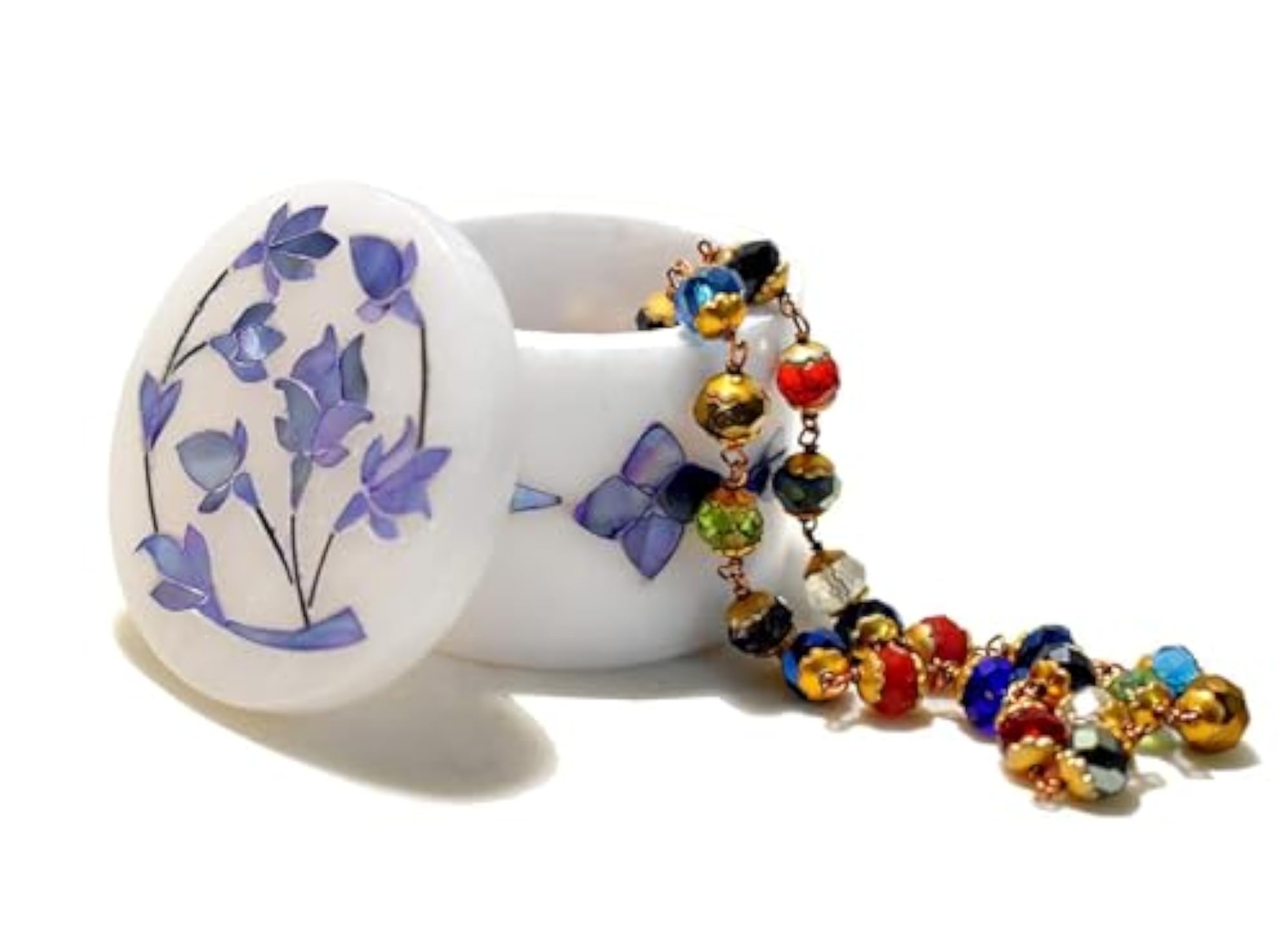 Marble Sindoor Box, White Marble with Blue Inlay Stone Work