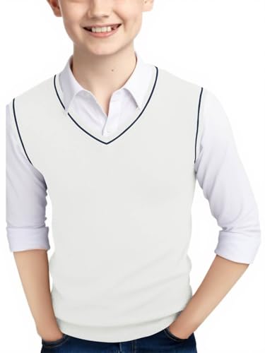 Haloumoning Boys Sweater Vest Kids Uniform Vest Casual V Neck Knit Pullover Sweater 5-14Y White