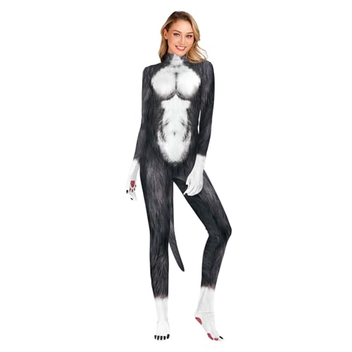 Image of Men's Animal Bodysuit Costume with Big Tail Print Petsuit Spandex Furry Jumpsuit Cosplay Halloween Party