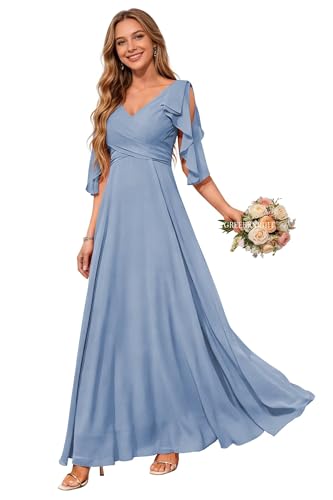 Image of Dusty Blue Formal Bridesmaid Dresses for Wedding V Neck Bridesmaids Dress with Sleeves Long A Line Evening Gown for Women US12