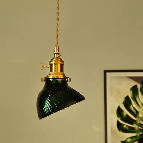 Suspension laiton E27 design vintage et verre teinté vert - 3