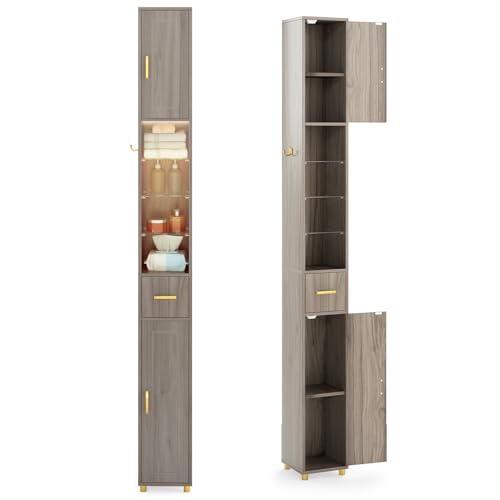 LIFEZEAL Mueble de Baño Alto Estrecho, Columna Moderna 20x20x181 cm, Armario con 2 Puertas, Gancho, Estantes de Vidrio, Luz LED de Tres Colores, Aparador para Cocina y Baño (Gris)