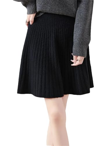 Women Fall Winter Preppy Style Pleated Skirt 100% Merino Soft Cashmere Short Above Knee Wool Skirts Black XL