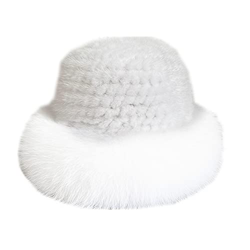 Gegefur Womens Winter Russian Fur Hat Warm Knitted Mink Fluffy Furry Hat Outdoor Knit Bowler Hats for Women (White)