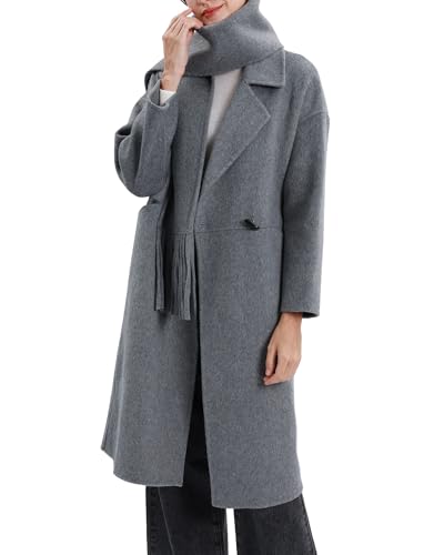 Womens Winter Notch Lapel Wool Blend Coat Casual Warm Peacoat with Scarf