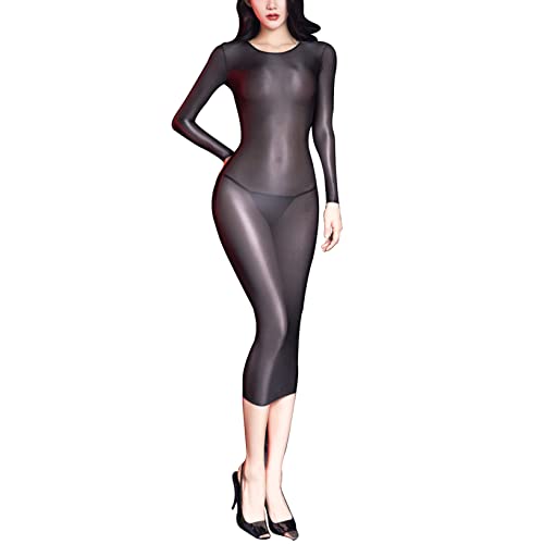 Kaerm Glossy Kleid Damen Transparent Sexy Langarm Maxikleid Bodycon Dessous...