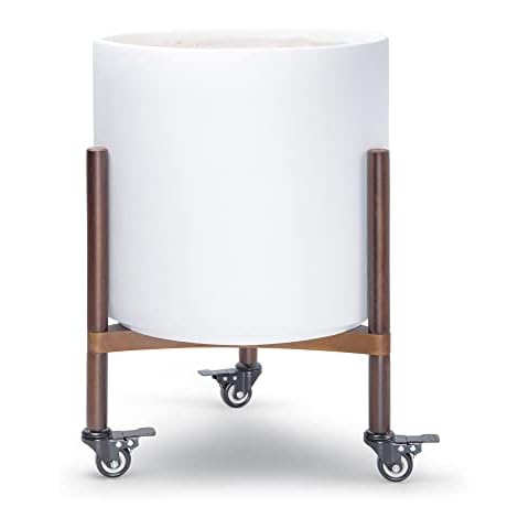 Phoenix Vine Planter Pot with Stand and Lockable Wheels, 16 Inch White Plant Pot with Drainage, Large Mid Century Standing Planter with Wood Legs for Indoor Plants Cover