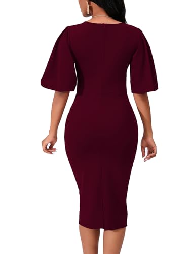 Image of WanMem Womens Basic Bodycon Ruffle Flared Short Sleeve Pencil Midi Dress