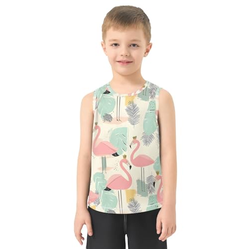 Bolaz Boys Athletic Quick Dry Tank Top Sleeveless Workout T Shirts Age 11-15,Pink Flamingo Monstera Deliciosa Pattern2