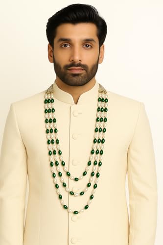 Image of I Jewels 3 Layered Traditional Gold Plated Dulha Green Moti Mala with Beaded Maharaja Haar /Groom Necklace For Men(MLP46)