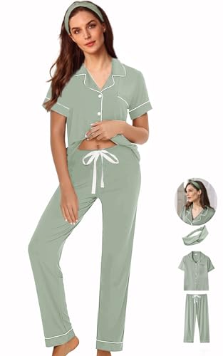 Image of WJing Yi Jia 3Pcs Soft Pajama Sets For Women XS-XXL Womens Pajamas Set Sleepwear Button Down Short Sleeve Long Pants Pj sets