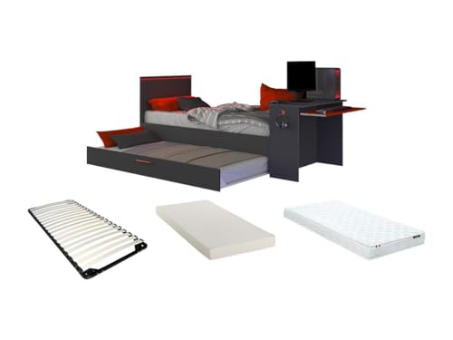 Vente-unique-Cama Nido Gamer 90 x 200 et 90 x 190 cm - con Escritorio - Leds - Antracita y Rojo + colchón + Somier - VOUANI