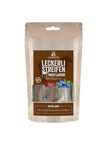 Lakefields Hundeleckerli | Trockenfleischstreifen vom Lamm | 150g | 90% Lammfleisch | Getreidefreie Hunde Snacks mit Kartoffeln & Waldbeeren | Knusprige Belohnung für Zwischendurch | Ohne Zusätze