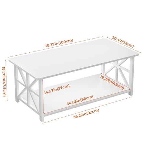Image of GreenForest Coffee Table for Living Room with Round Corners | Modern Style Center Table with Storage Shelf,39 Inch X-Frame Sofa Table,Space Saving,Easy Assembly,Full Wh