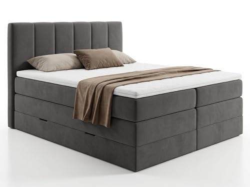 Sofnet Boxspringbett Star XL mit 2 Bettkästen und Topper, mit Taschenfederkern- und Bonellfederkernmatratze, Doppelbett, Polsterbett aus Veloursstoff mit Stauraum (Graphit (Kronos 22), 160 x 200 cm)