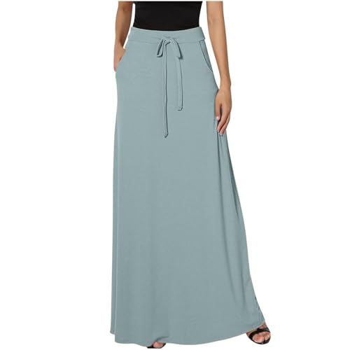 Womens Maxi Skirt Elastic Basic Solid Tie Dye Foldable High Waisted Midi Length Plus Size A-Line Skirts with Pockets(Light Blue,XX-Large)