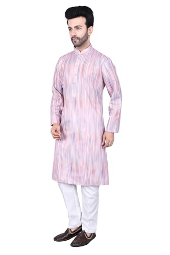 Tie Dye Printed Rayon Kurta Set, Pink, Full Sleeve, Chinese Collar, with White Cotton Pajama2