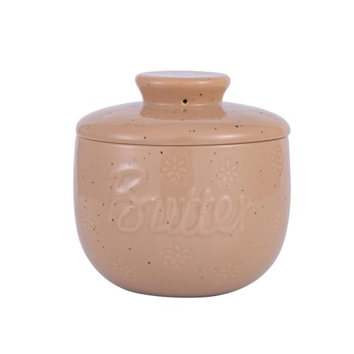 TEATALK Butter Crock Ceramic 8oz, Butter Dish with Lid - Floral & Butter Embossed French Butter Keeper for Countertop, Kitchen Butter Holder with Water Line Design for Spreadable Butter, Brown