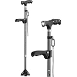 ステッキ 杖 倒れない 自立式4点杖 男女兼用 クレバーケーン伸縮式 軽量アルミ製 長さ調節可能 補助ハンドル付き 介護用 歩行補助杖 LEDライト搭載 夜間散歩対応 日本語説明書付き 高齢者の歩行サポート 松葉杖 敬老の日・母の日・父の日プレゼント (ブラック)