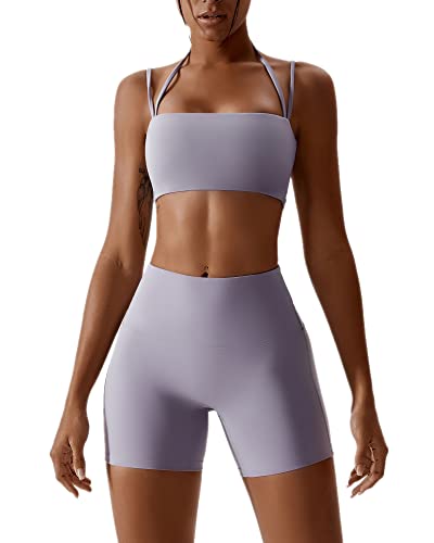 Listado de Conjuntos deportivos para Mujer , tabla con los diez mejores. 43 ABOCIW Conjunto Deportivo para Mujer con Top Cuello Halter y Short, para Yoga, Pilates, Correr - Lila S
