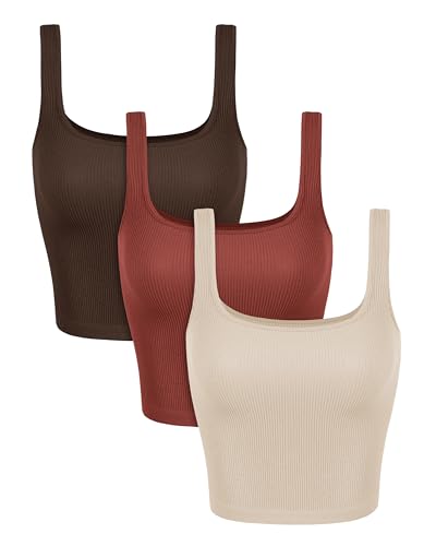 Image of ODODOS 3-Pack Seamless Square Neck Crop Tank for Women Ribbed Knit Soft Low Back Cropped Tops