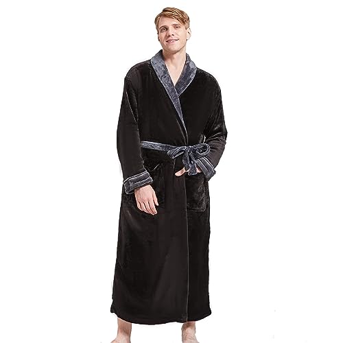 Image of FashGudim Mens Robes Big and Tall Full Length Plush Fleece Long Robe for Men Bathrobe Shawl Collar Warm Winter House Robes