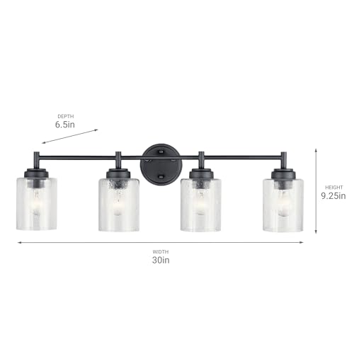 Image of Kichler Winslow 30 inch 4-Light Bathroom Vanity Light Fixture with Clear Seeded Glass in Black, Modern Industrial Style for Bathroom and Powder Room, (30 inch x 9.25 inch x 6.5 inch), 45887BK