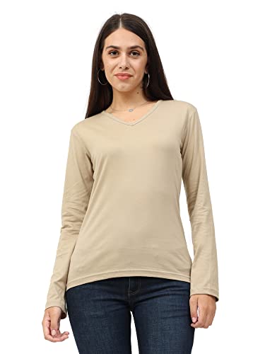 Image of FLEXIMAA Women's Cotton Plain V Neck Full Sleeve T-Shirt