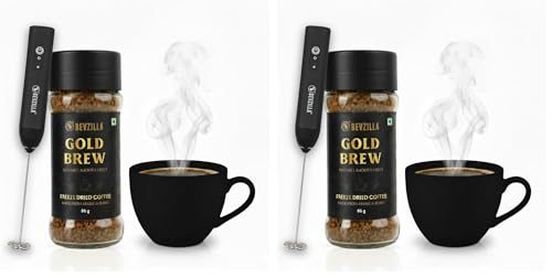 Image of Bevzilla Gold Brew Instant Freeze-Dried Coffee Powder 95g Jar with Rechargeable Frother | Best for Espresso, Cappuccino & Iced Coffee (Pack of 2)