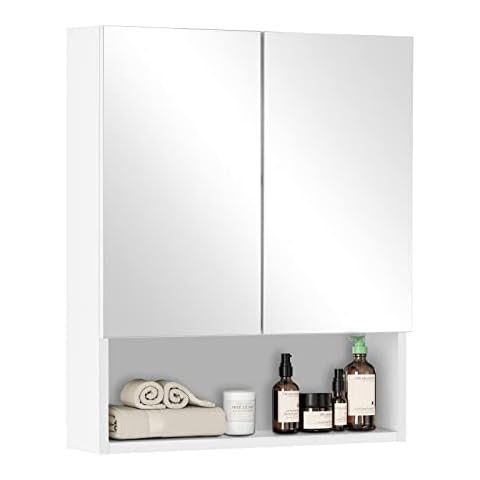 CLIPOP Wall Mounted Bathroom Mirror Cabinet Wooden Bathroom Storage Cupboard with Adjustable Shelves and Open Shelf 2 Door Mirror Cabinet for Bedroom,Living Room,Bathroom and Toilet Cover