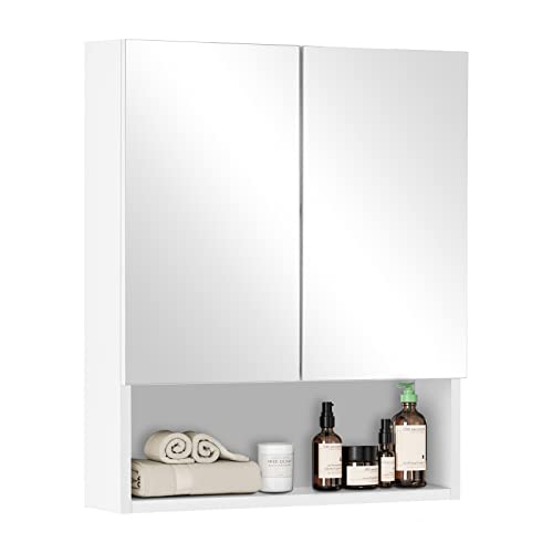 CLIPOP Badezimmer Spiegelschrank, Wandmontage Badezimmerschrank mit 2 Türen, Verstellbaren Regalböden und offenem Regal, Holz Spiegelschrank für Schlafzimmer, Wohnzimmer, Badezimmer Cover